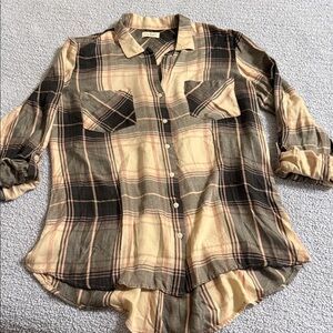 Thread and Supply Plaid Button-Up Shirt in light creamy pink and black
